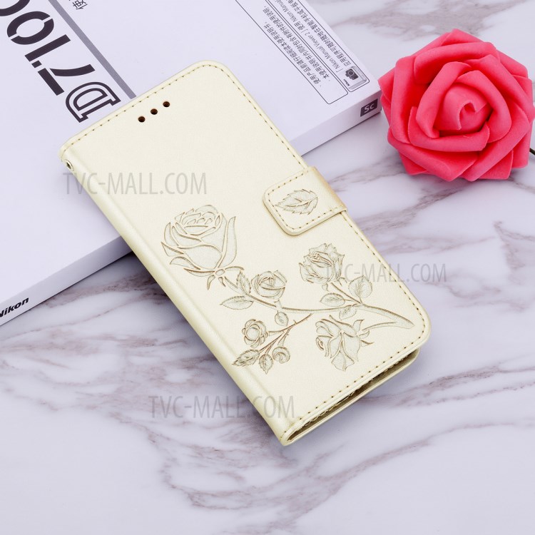 Imprint Rose Flower Leather Wallet Protective Phone Case for Samsung Galaxy A31 - Gold-8