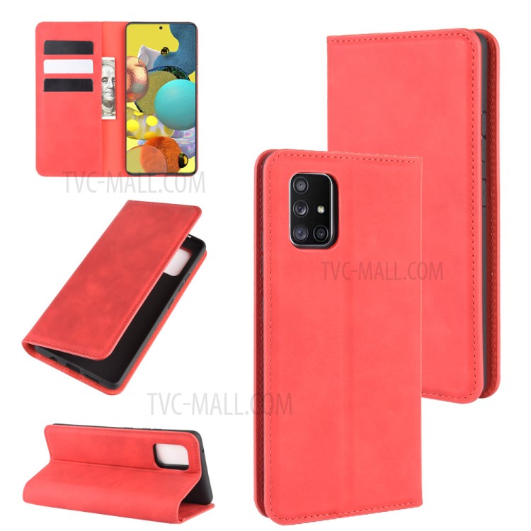 Silky Touch Auto-absorbed Flip Leather Protector Cover for Samsung Galaxy A51 5G SM-A516 - Red-1
