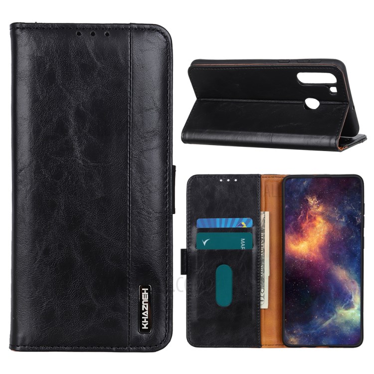 Bison Grain Wallet Stand Leather Phone Case for Samsung Galaxy A21 - Black-1