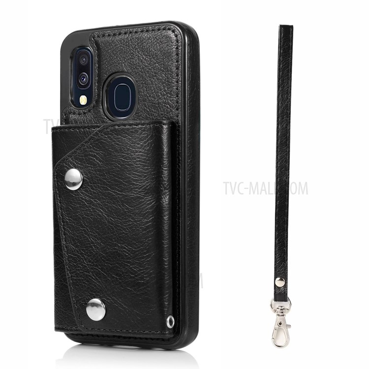 Wallet Phone Shell PU Leather Coated TPU Cover with Strap for Samsung Galaxy A40 - Black-1