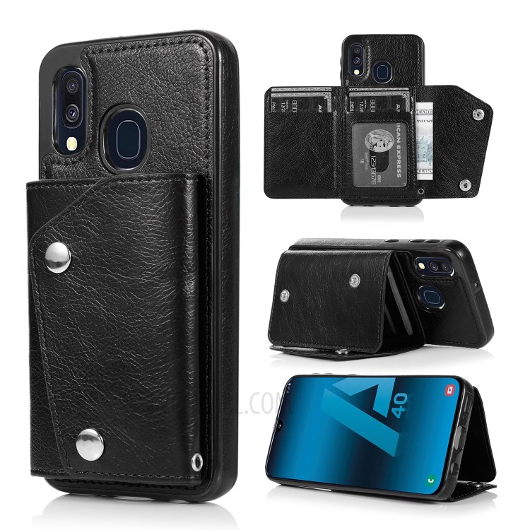 Wallet Phone Shell PU Leather Coated TPU Cover with Strap for Samsung Galaxy A40 - Black-3