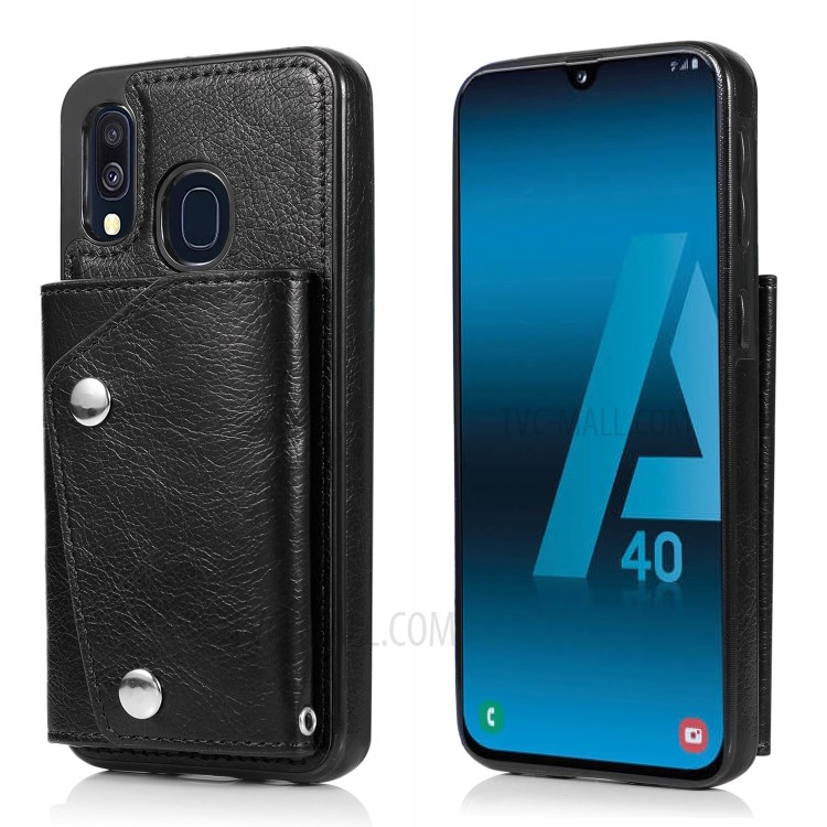 Wallet Phone Shell PU Leather Coated TPU Cover with Strap for Samsung Galaxy A40 - Black-4