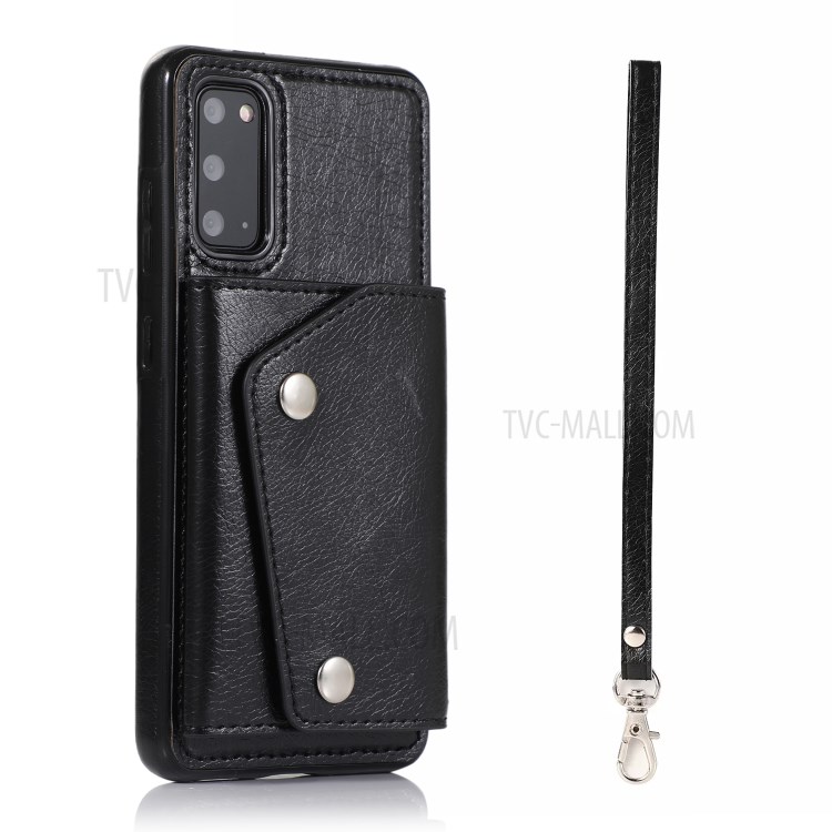 PU Leather Coated TPU Cover with Strap for Samsung Galaxy S20 - Black-1