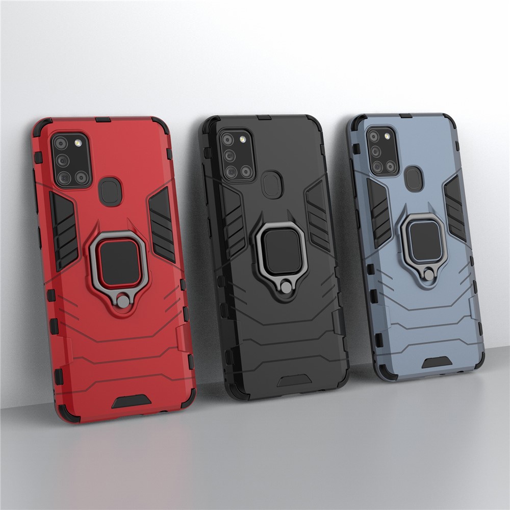 Cool Guard Ring Holder Kickstand PC TPU Hybrid Case Protetive Shell Para Samsung Galaxy A21s - Preto