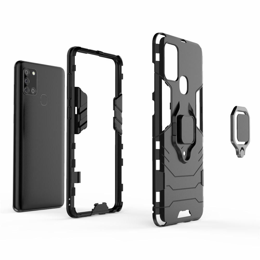 Cool Guard Ring Holder Kickstand PC TPU Hybrid Case Protetive Shell Para Samsung Galaxy A21s - Preto