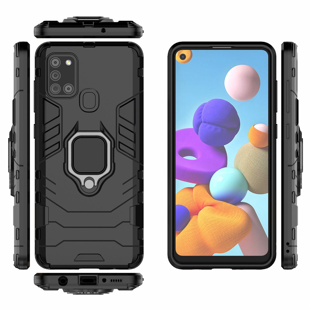 Cool Guard Ring Holder Kickstand PC TPU Hybrid Case Protective Shell for Samsung Galaxy A21s - Black-7