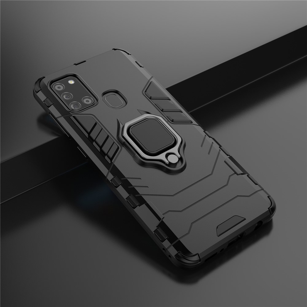 Cool Guard Ring Holder Kickstand PC TPU Hybrid Case Protective Shell Pour Samsung Galaxy A21s - le Noir