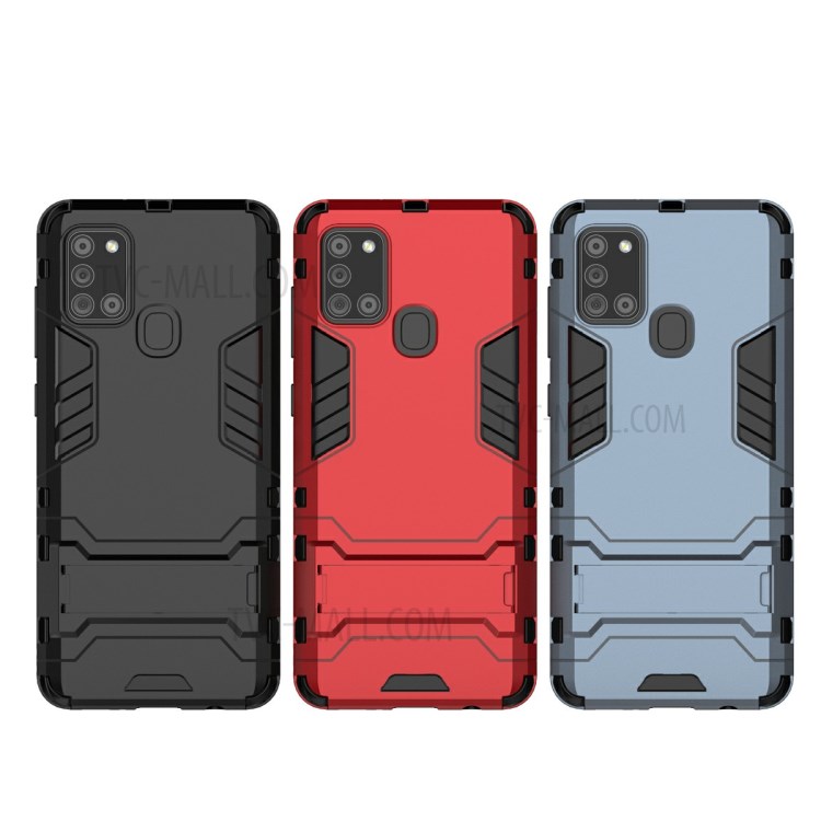 Telefone Celular à Prova de Choque, Cobrindo Shell Hard Plastic + TPU Phone Case Com Kickstand Para Samsung Galaxy A21s - Preto