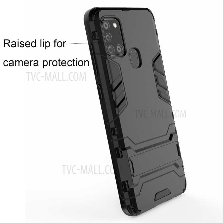 Telefone Celular à Prova de Choque, Cobrindo Shell Hard Plastic + TPU Phone Case Com Kickstand Para Samsung Galaxy A21s - Preto