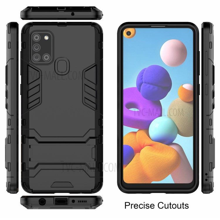 Telefone Celular à Prova de Choque, Cobrindo Shell Hard Plastic + TPU Phone Case Com Kickstand Para Samsung Galaxy A21s - Preto