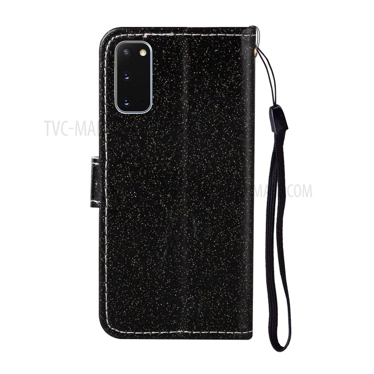 Glitter Powder Flower Decor Leather Stand Wallet Case for Samsung Galaxy S20 - Black-3