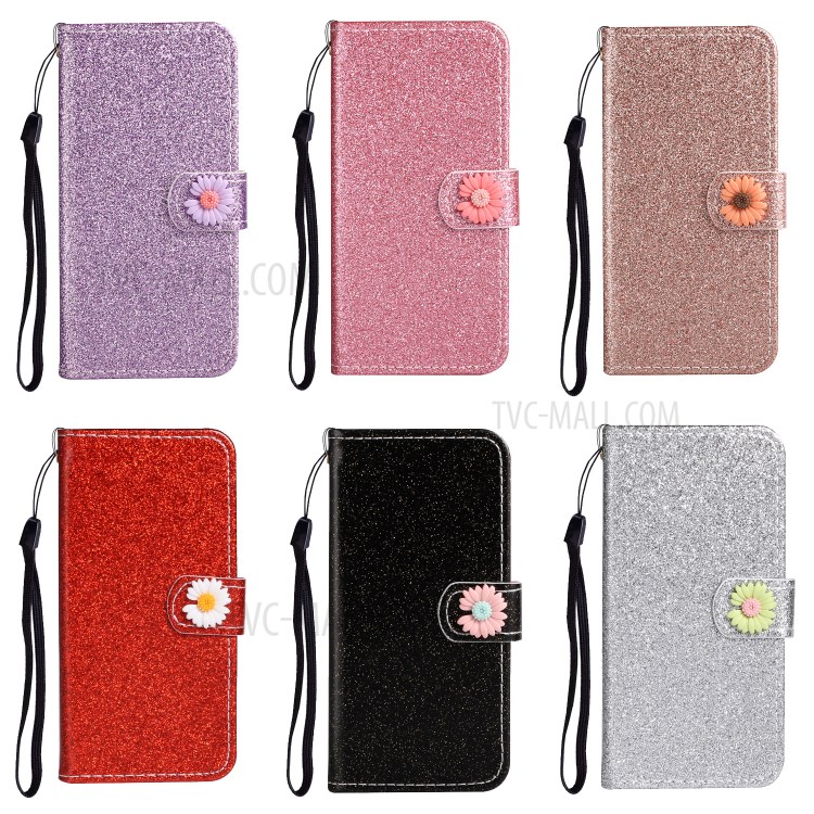 Glitter Powder Flower Decor Leather Stand Wallet Case for Samsung Galaxy S20 - Black-9