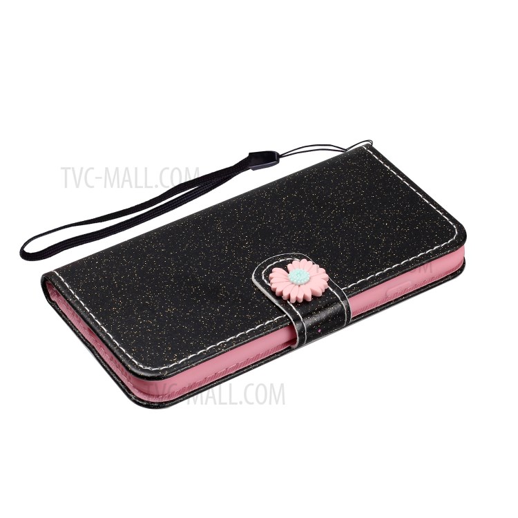 Glitter Powder Flower Decor Leather Stand Wallet Case for Samsung Galaxy S20 Plus - Black-5