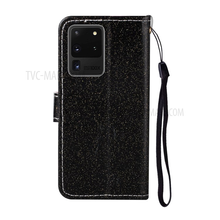 Glitter Powder Flower Decor Leather Stand Wallet Case for Samsung Galaxy S20 Ultra - Black-3