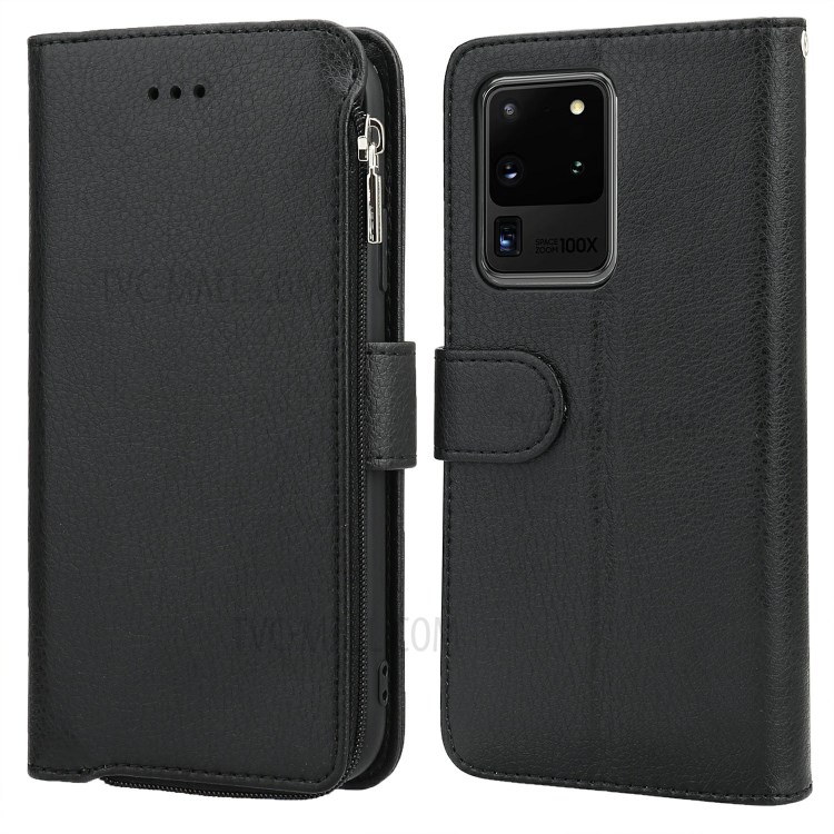 Microfiber Leather Phone Case Zipper Pocket Wallet for Samsung Galaxy S20 Ultra - Black-1