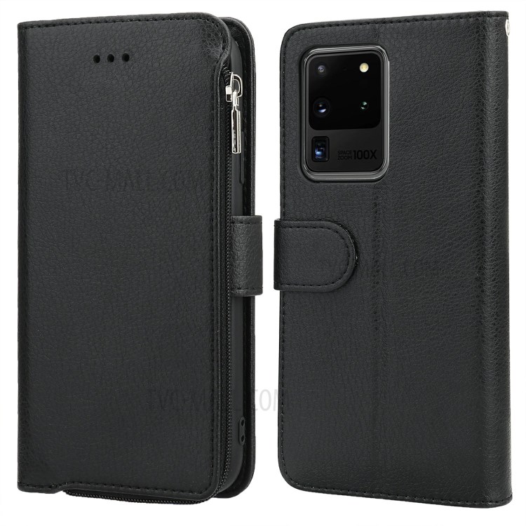 Microfiber Leather Phone Case Zipper Pocket Wallet  for Samsung Galaxy S20 Ultra - Black-1