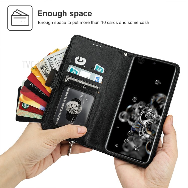 Microfiber Leather Phone Case Zipper Pocket Wallet for Samsung Galaxy S20 Ultra - Black-2