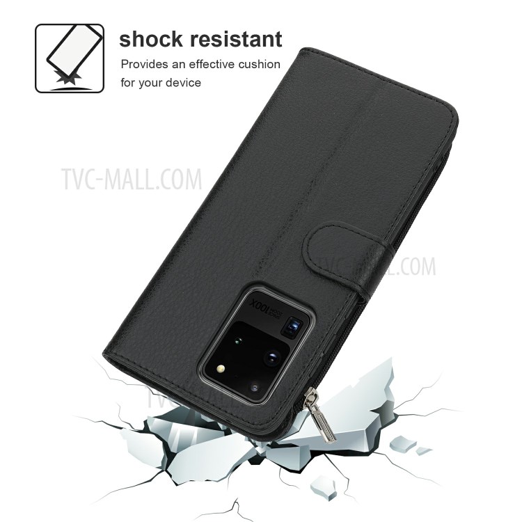 Microfiber Leather Phone Case Zipper Pocket Wallet for Samsung Galaxy S20 Ultra - Black-4