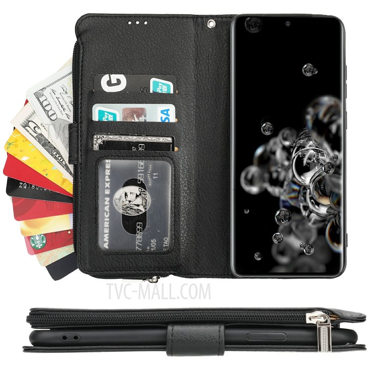 Microfiber Leather Phone Case Zipper Pocket Wallet for Samsung Galaxy S20 Ultra - Black-6