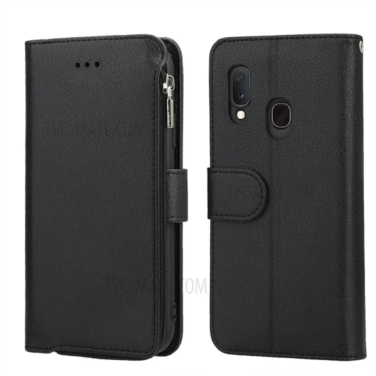 Microfiber Leather Zipper Pocket Wallet Case for Samsung Galaxy A20e - Black-1