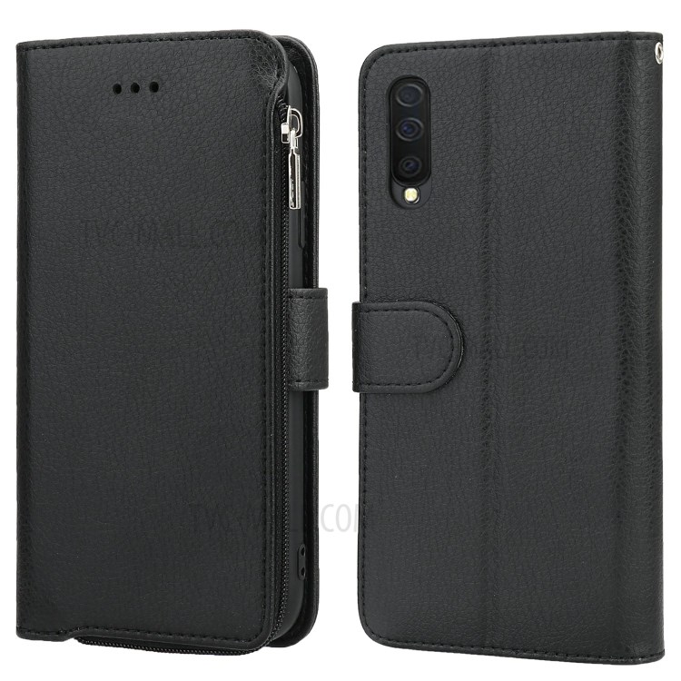 Microfiber Leather Case Zipper Wallet for Samsung Galaxy A70 - Black-1