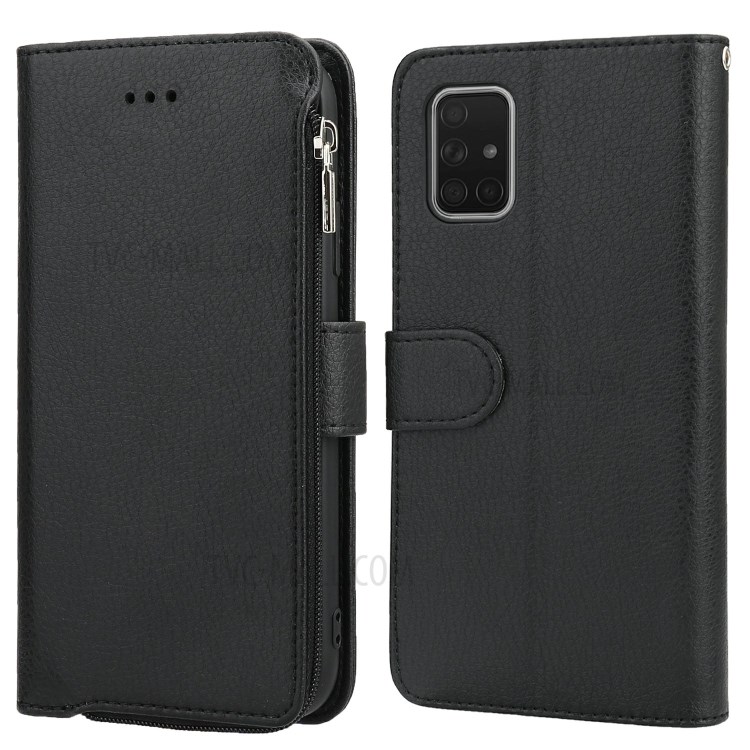 Microfiber Leather Zipper Pocket Wallet Phone Case for Samsung Galaxy A71 SM-A715 - Black-1