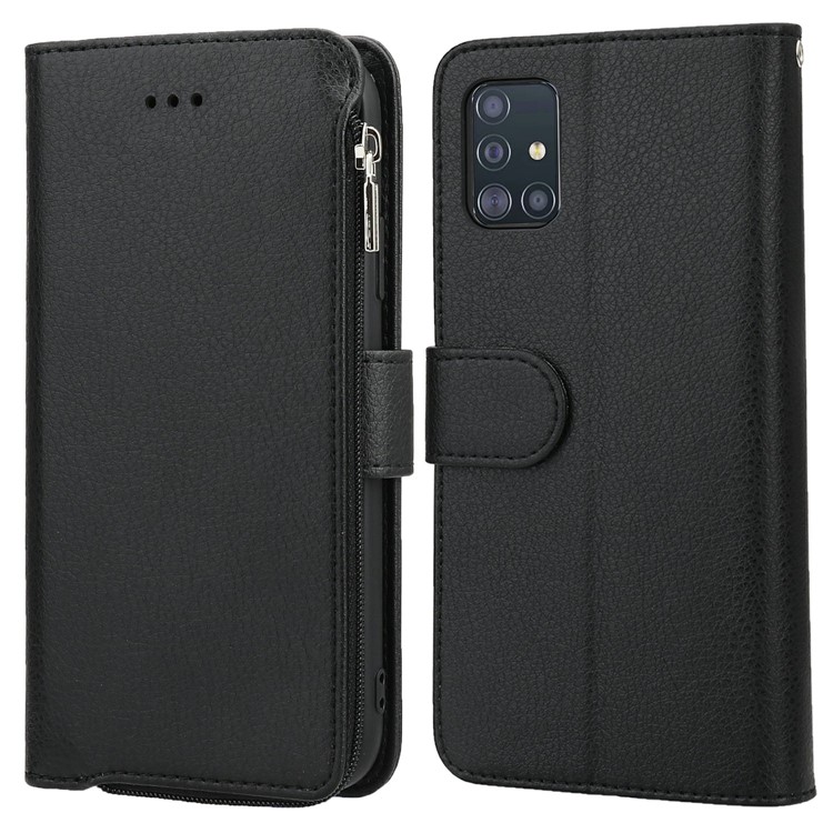 Microfiber Leather Zipper Pocket Wallet Case for Samsung Galaxy A51 SM-A515 - Black-1