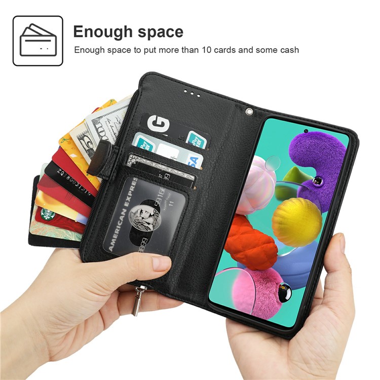 Microfiber Leather Zipper Pocket Wallet Case for Samsung Galaxy A51 SM-A515 - Black-2