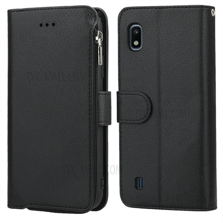 Microfiber Leather Zipper Pocket Wallet Case for Samsung Galaxy A10 - Black-1