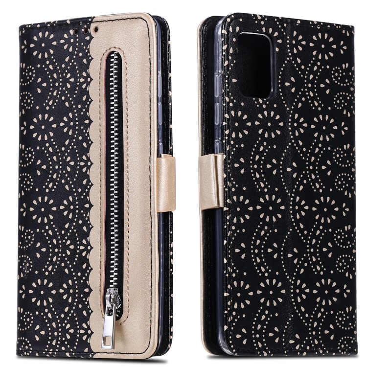 Lace Flower Pattern Zipper Pocket Wallet Leather Cover for Samsung Galaxy A51 5G SM-A516 - Black-10