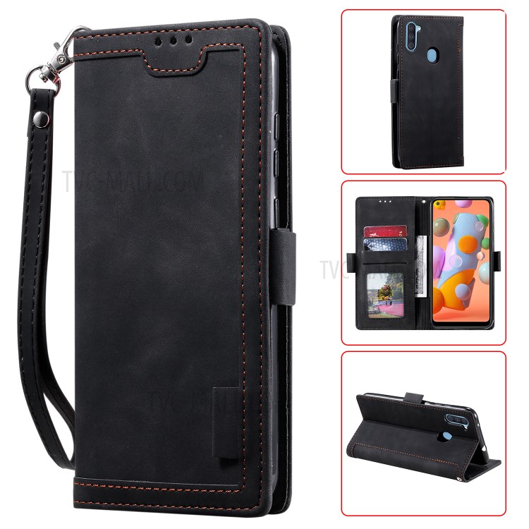 Retro Splicing Style Wallet Stand Leather Shell Protective Case for Samsung Galaxy A11 - Black-1