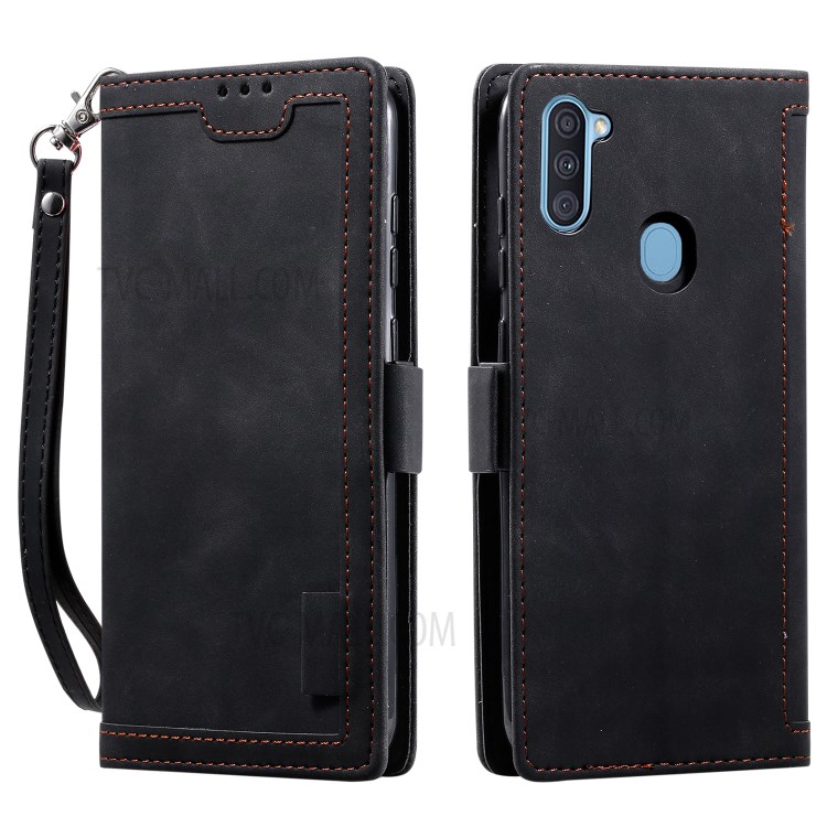 Retro Splicing Style Wallet Stand Leather Shell Protective Case for Samsung Galaxy A11 - Black-11