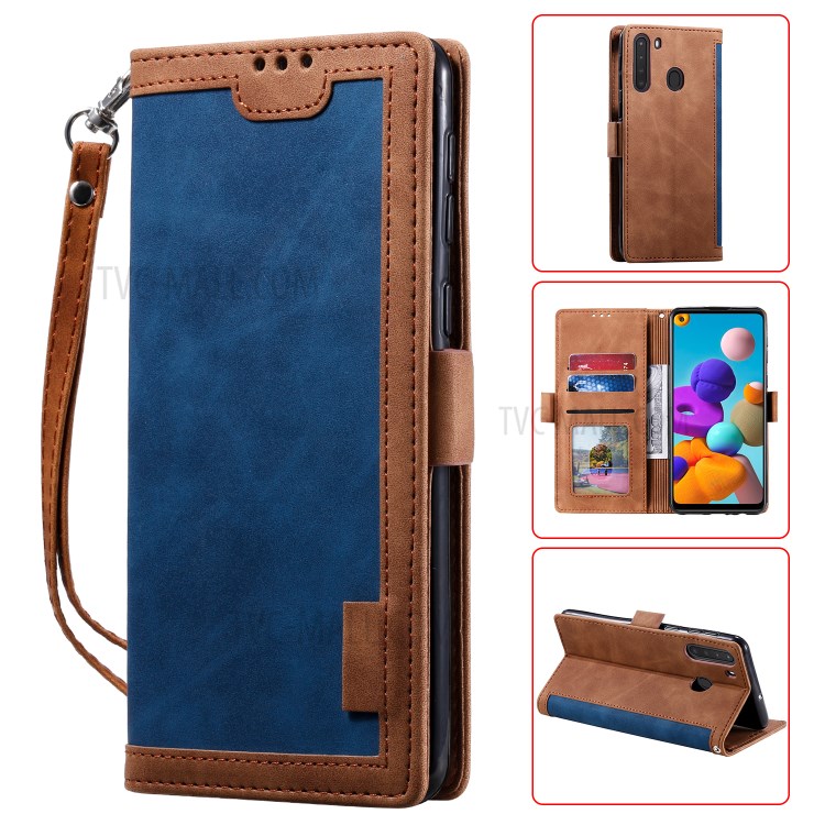 Retro Splicing Leather Shell for Samsung Galaxy A21 - Blue-1