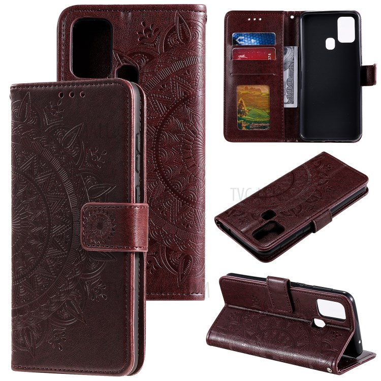 Imprint Flower Leather Stylish Cover for Samsung Galaxy M30s/M21 - Brown-1