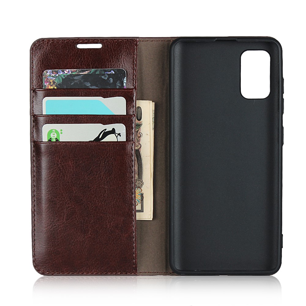 Crazy Horse Skin Genuine Leather Wallet Phone Case for Samsung Galaxy A41 (Global Version) - Coffee-3