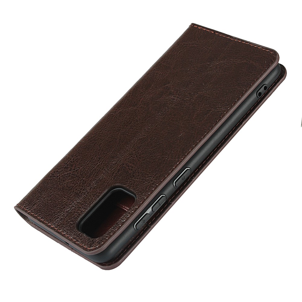 Crazy Horse Skin Genuine Leather Wallet Phone Case for Samsung Galaxy A41 (Global Version) - Coffee-5
