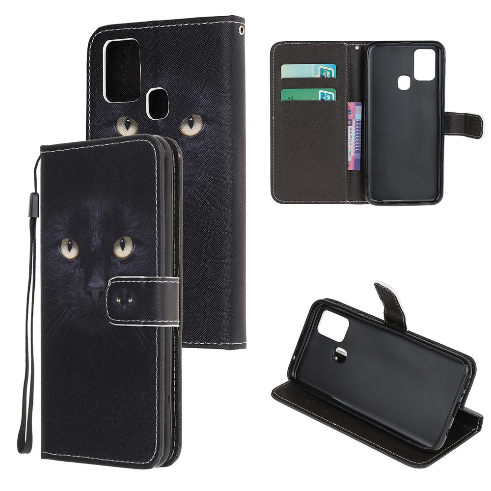 Pattern Printing Cross Texture Leather Wallet Phone Case with Strap for Samsung Galaxy M31 - Cat Eyes-1