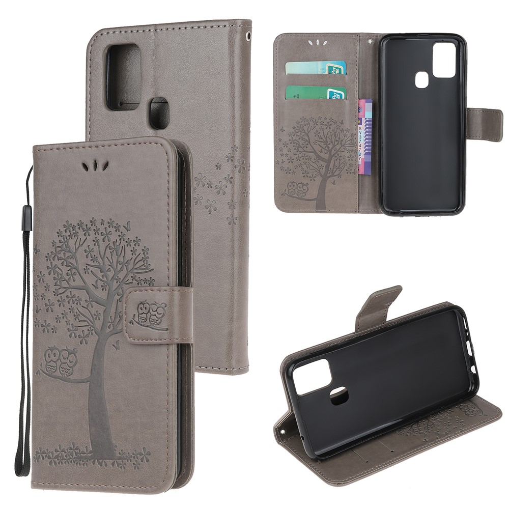 Coruja Árvore De Couro Elegante Caso Estande Carteira Marca Para Samsung Galaxy M21 / M30s - Cinzento-1