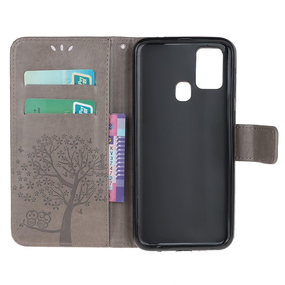 Coruja Árvore De Couro Elegante Caso Estande Carteira Marca Para Samsung Galaxy M21 / M30s - Cinzento-5