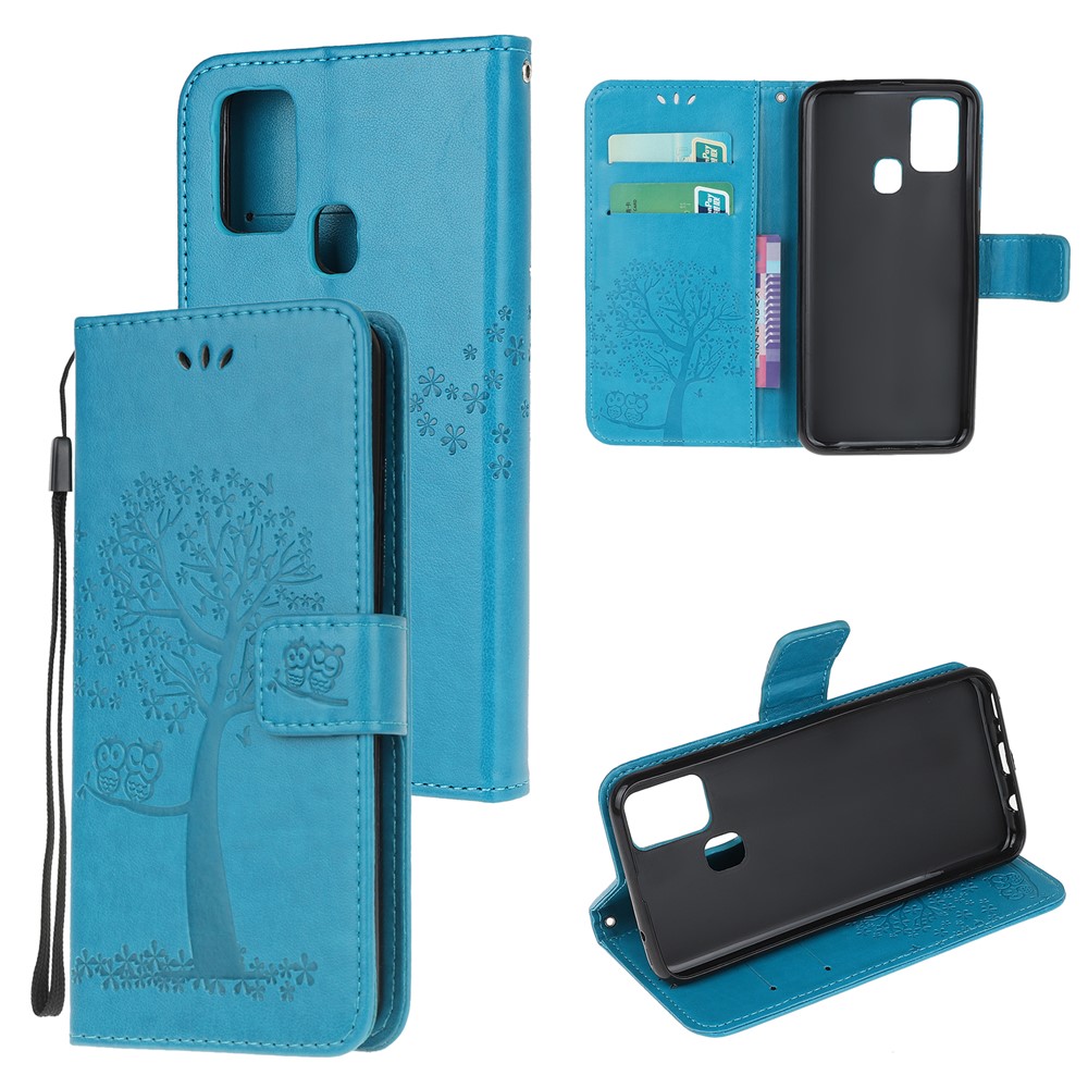 Imprint Tree Owl Leather Stylish Wallet Stand Case for Samsung Galaxy M21/M30s - Blue-1