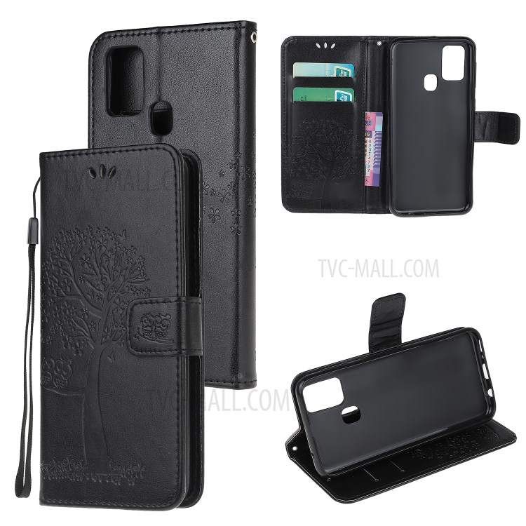 Imprint Tree Owl Leather Stylish Wallet Stand Case for Samsung Galaxy A21s - Black-1