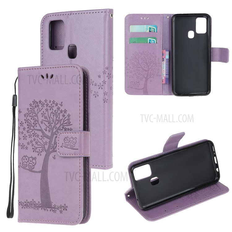 Coruja Árvore De Couro Elegante Caso Estande Carteira Marca Para A21s Samsung Galaxy - Luz Roxa-1