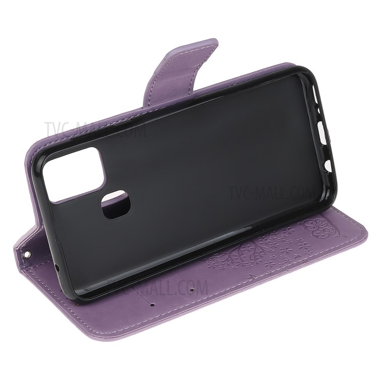 Coruja Árvore De Couro Elegante Caso Estande Carteira Marca Para A21s Samsung Galaxy - Luz Roxa-4