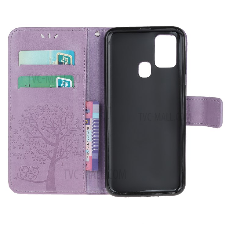 Coruja Árvore De Couro Elegante Caso Estande Carteira Marca Para A21s Samsung Galaxy - Luz Roxa-5