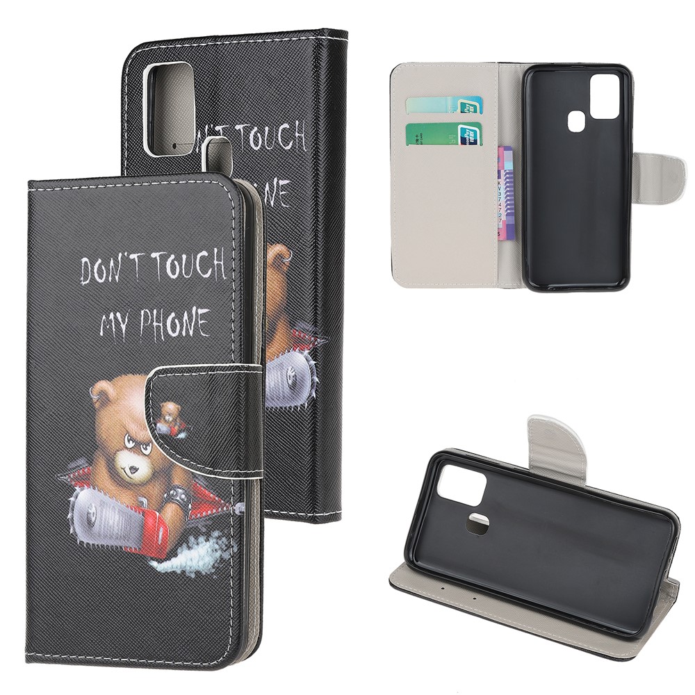 Cross Texture Pattern Printing Leather Wallet Phone Cover with Strap for Samsung Galaxy A21s - Vigilant Bear-1