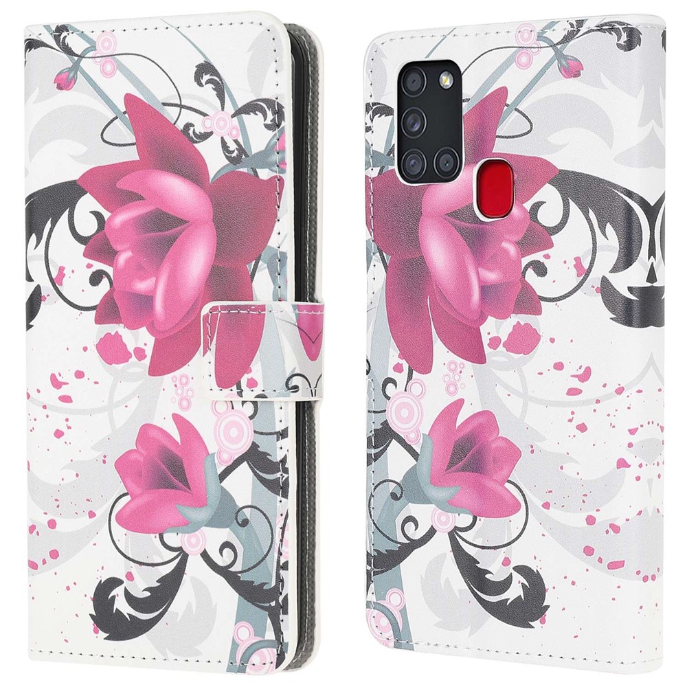 Teste Padrão De Couro De Impressão Caso Estande Carteira Para A21s Samsung Galaxy - Flores Roxas-1