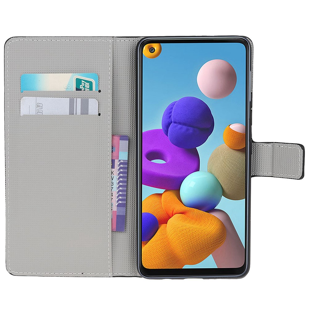 Teste Padrão De Couro De Impressão Caso Estande Carteira Para A21s Samsung Galaxy - Flores Roxas-2
