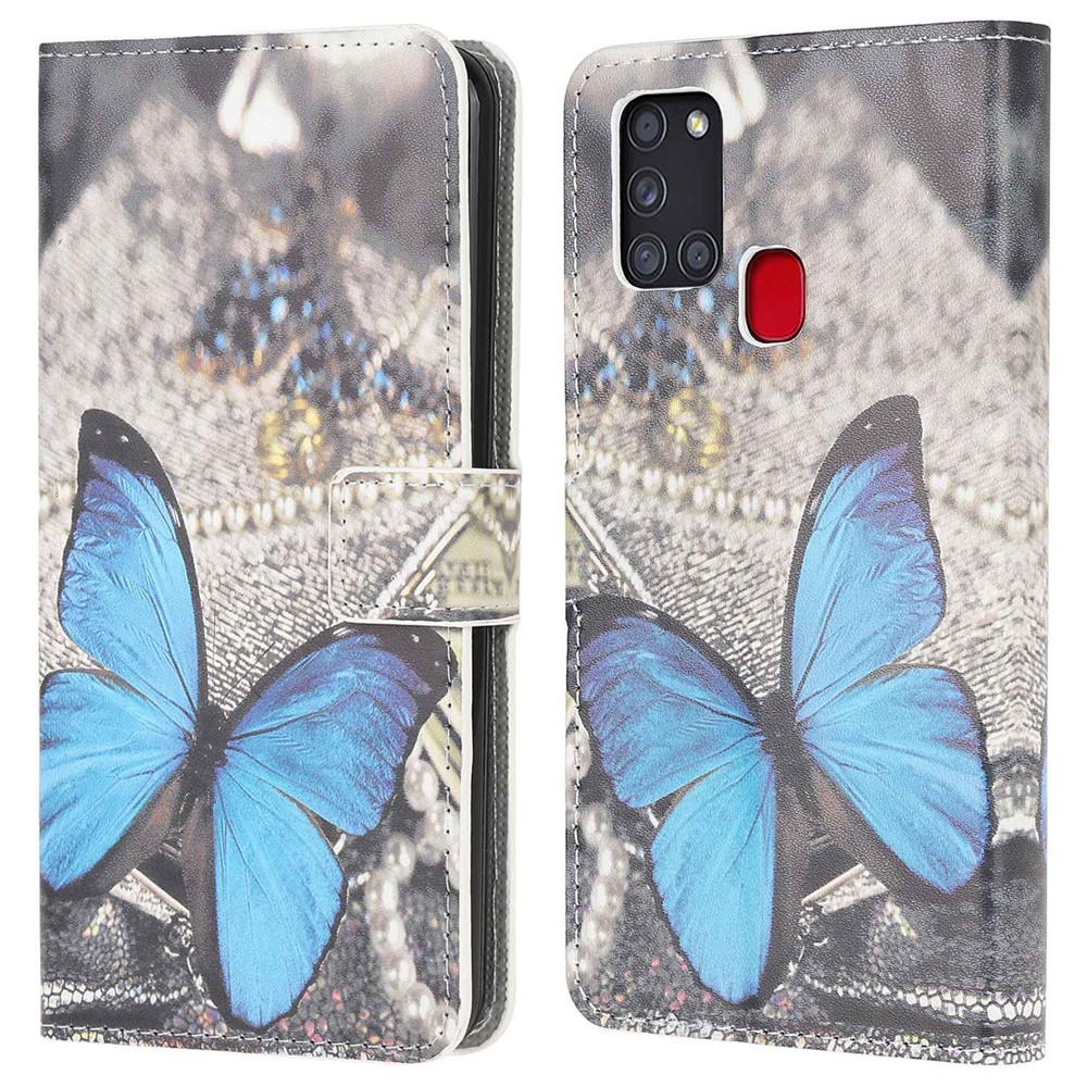 Pattern Printing Leather Wallet Stand Case for Samsung Galaxy A21s - Blue Butterfly-1