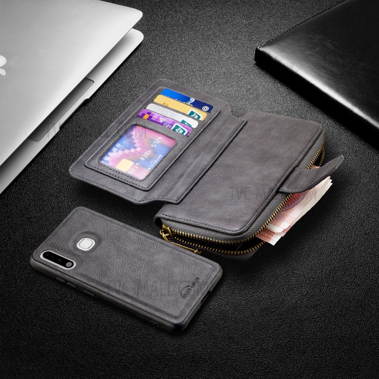 BF001 Leather Wallet Cover Zip Phone Case for Samsung Galaxy A70e Grey4