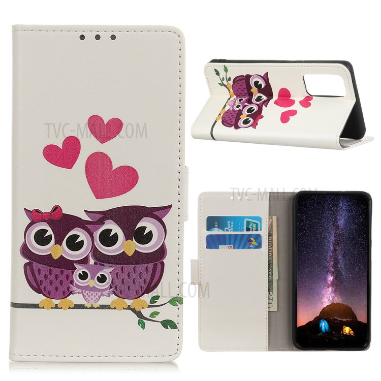 Protective Patterned Flip PU Leather Cover Wallet Case for Samsung Galaxy Note 20 - Owls and Hearts-1